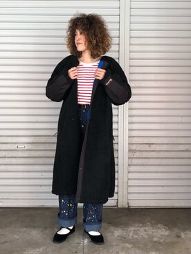 「MANASTASH（マナスタッシュ）のアイテム（ノーカラーコート）」を使った、さゆるゆるさん（レディース・155cm）の冬コーディネート