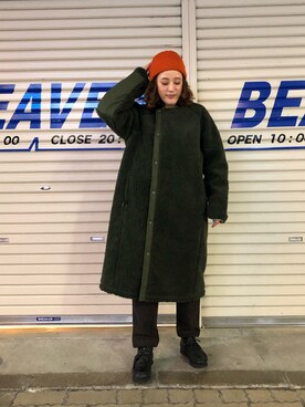 「MANASTASH（マナスタッシュ）のアイテム（ノーカラーコート）」を使った、さゆるゆるさん（レディース・155cm）の冬コーディネート