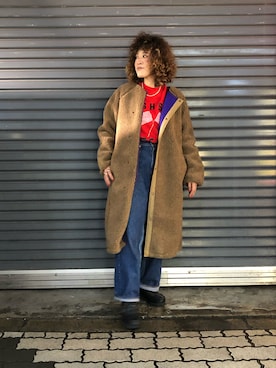 「MANASTASH（マナスタッシュ）のアイテム（ノーカラーコート）」を使った、さゆるゆるさん（レディース・155cm）の秋コーディネート