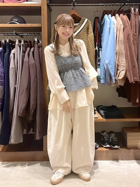 「niko and...（ニコアンド）のペプラムニットビスチェ（ベスト、ブラウン系）」を使った、みきてぃ24さん（レディース・158cm）の秋コーディネート