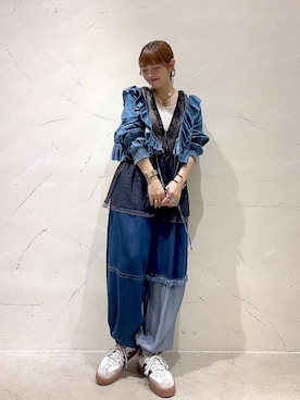 「niko and...（ニコアンド）の【MODE NORM CORE】リメイク風デニムバルーンパンツ（デニムパンツ）」を使った、みきてぃ24さん（レディース・158cm）の春コーディネート