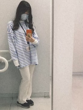 「one after another NICE CLAUP（ワンアフターアナザーナイスクラップ）のゆるっとメローボーダートップス（Tシャツ/カットソー）」を使った、はるさん（レディース・156cm）の冬コーディネート