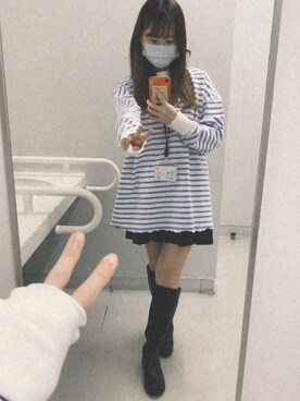 「one after another NICE CLAUP（ワンアフターアナザーナイスクラップ）のゆるっとメローボーダートップス（Tシャツ/カットソー）」を使った、はるさん（レディース・156cm）の冬コーディネート