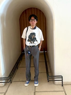 「アイテム（スラックス）」を使った、もんたさん（メンズ・163cm・20代）の夏コーディネート