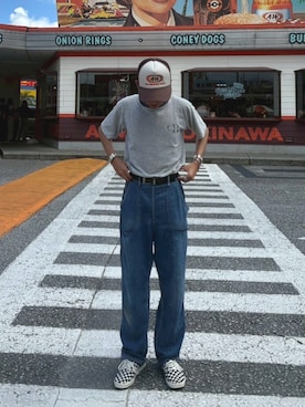 「VINTAGE（ヴィンテージ）のアイテム（デニムパンツ）」を使った、もんたさん（メンズ・163cm）の夏コーディネート