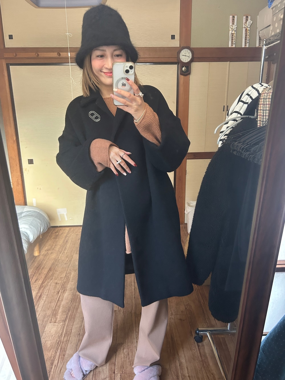 「CA4LAのCF ROMAN 2（ハット、ブラック系）」を使った、yoyoさん（レディース・168cm）の冬コーディネートの1枚目の写真