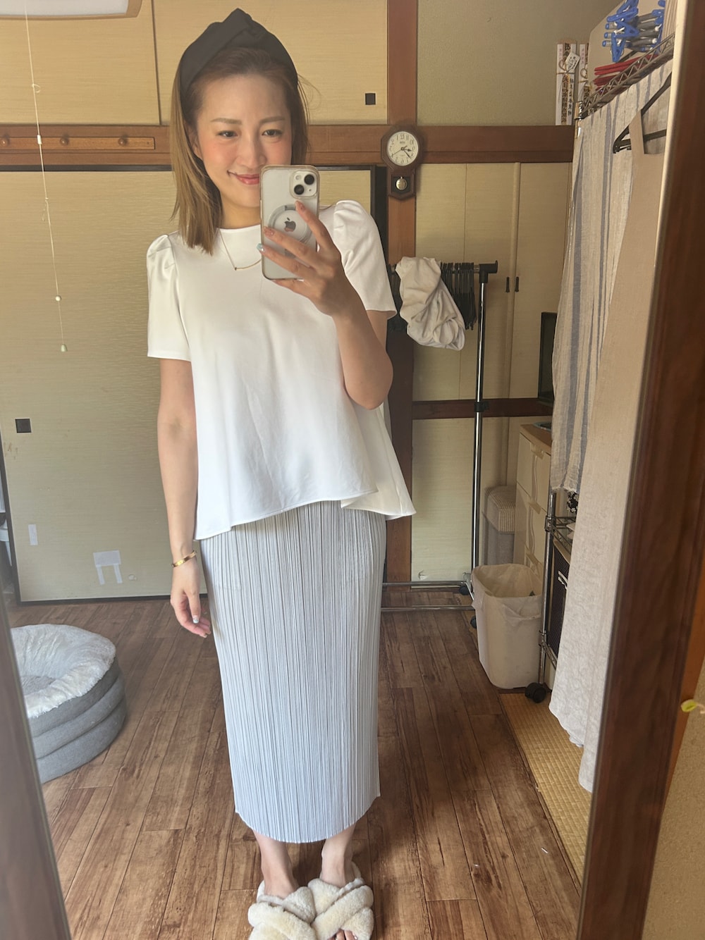 「m.i.dのアイテム（シャツ/ブラウス、ホワイト系）」を使った、yoyoさん（レディース・168cm）の夏コーディネートの1枚目の写真