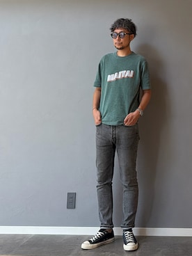 「マイタイのMai Tai コットンシェニール プリントニットTシャツ  ¥26,400 (税込)（Tシャツ/カットソー、グリーン系）」を使った、BT4.0さん（メンズ・172cm）の夏コーディネート