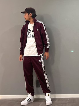 「アイテム（ジャージ、レッド系）」を使った、BT4.0さん（メンズ・172cm）の秋コーディネート