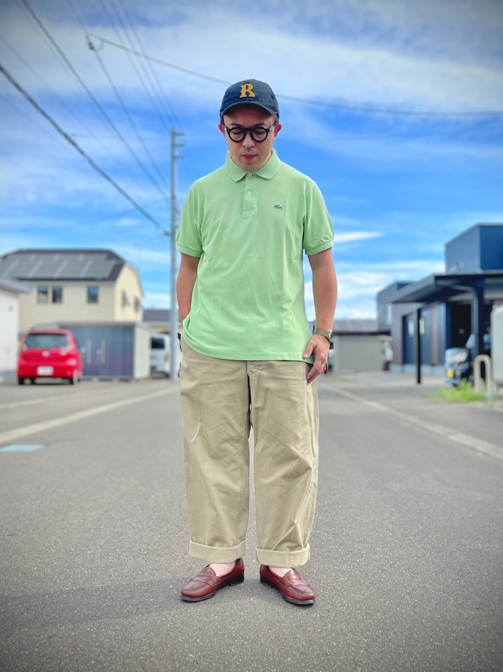 「ポロシャツ、ラコステ、LACOSTE、ミリタリー、古着、休日スタイル、夏コーデ」｜「VINTAGEのアイテム（キャップ、ブルー系）」を使った、古着チャンネル by ケントさん（メンズ・163cm）の夏コーディネートの1枚目の写真