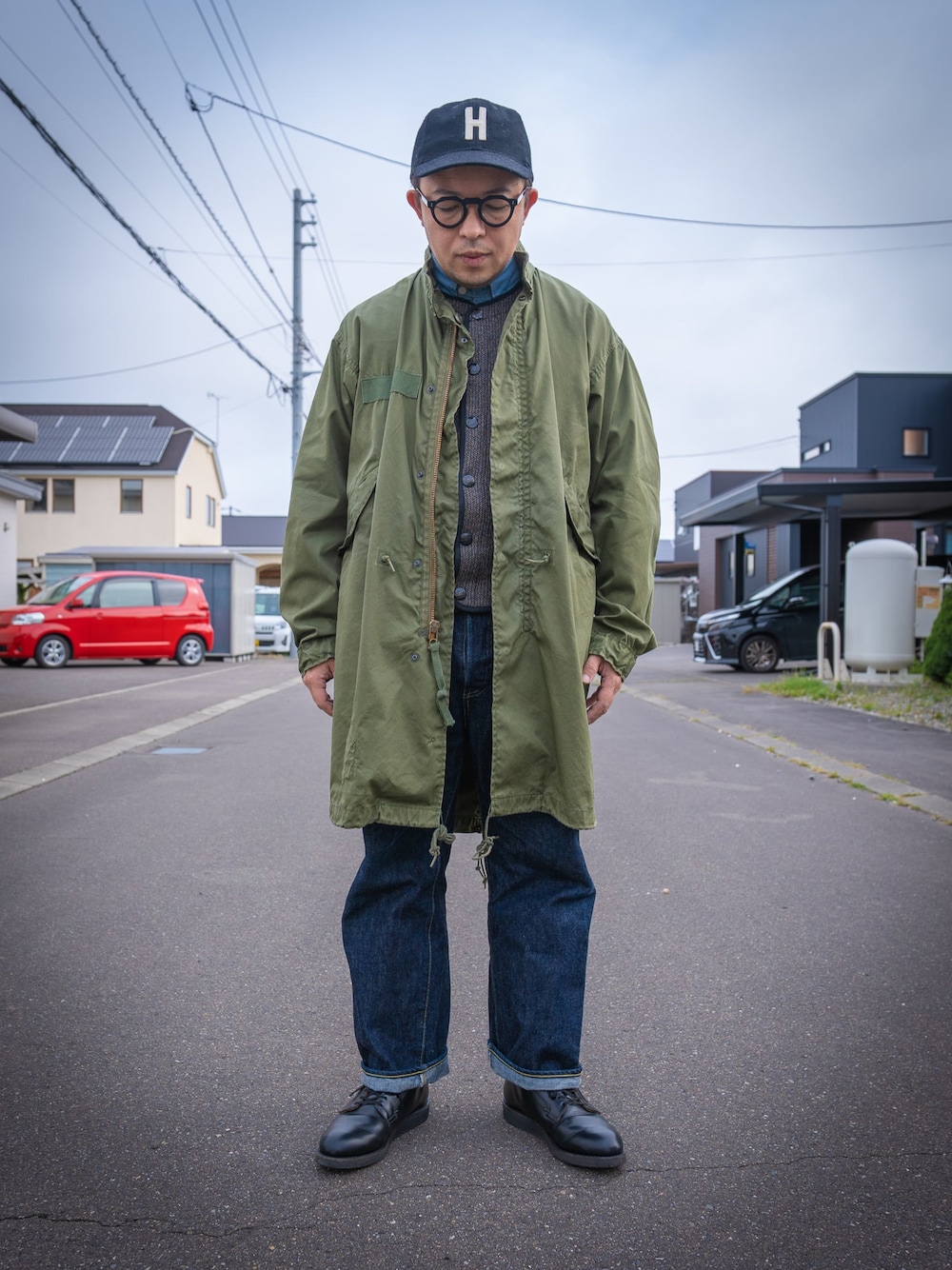 「M65、m65パーカー、m65parka、m65fishtailparka、モッズパーカー」｜「VINTAGEのアイテム（キャップ、ブラック系）」を使った、古着チャンネル by ケントさん（メンズ・165cm）の秋コーディネートの1枚目の写真