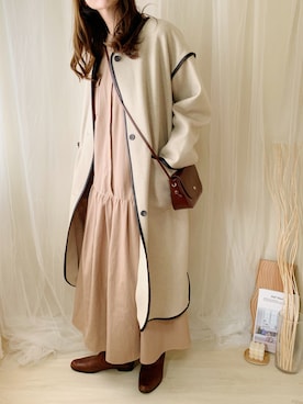 「パイピングコート」｜「アイテム（ワンピース/ドレス）」を使った、ももたさん（レディース・170cm）の冬コーディネート