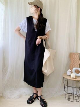 「ANGIE（アンジー）のリネンタッチVネックワンピース（ワンピース）」を使った、ももたさん（レディース・170cm）の夏コーディネート