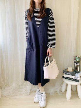 「adidas（アディダス）のadidas アディダス STAN SMITH スタンスミス M20325 R.WHITE/R.WHITE/NEW.NAVY(ホワイト×ネイビー）（スニーカー）」を使った、ももたさん（レディース・170cm）の春コーディネート