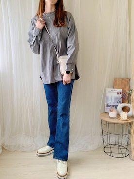 「Fizz（フィズ）の【maiko_wear × Fizz コラボ】　スタンドカラーデザインシャツ（シャツ/ブラウス）」を使った、ももたさん（レディース・170cm）の秋コーディネート