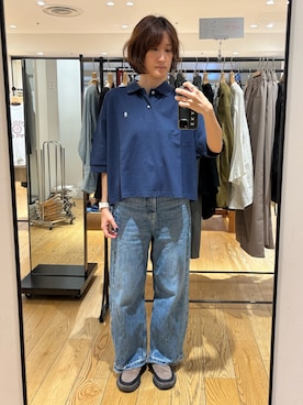 「GYMPHLEX（ジムフレックス）のGymphlex | ハイゲージ鹿の子 ポロシャツ WOMEN（ポロシャツ、ブルー系）」を使った、ゆいさん（レディース・158cm）の春コーディネート