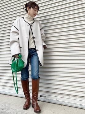 「パイピングコート」｜「アイテム（ノーカラージャケット）」を使った、KAŃAさん（レディース・157cm）の冬コーディネート
