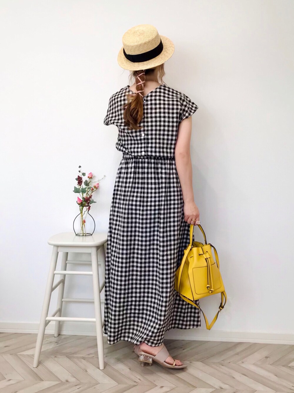 「Sonny　Label、ギンガムチェック、ワンピース、休日スタイル、polcadot、カンカン帽、プチプラ、ウエストマーク、クリアサンダル」｜「URBAN RESEARCH Sonny LabelのUR TECH+抗菌リネン混フレンチギャザーワンピース（ワンピース、その他）」を使った、うーまんさん（レディース・158cm）の夏コーディネートの1枚目の写真