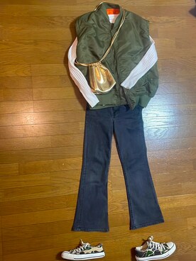 「巾着バッグ」｜「アイテム（MA-1）」を使った、marumikaさん（レディース・152cm）の春コーディネート