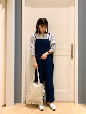 「シャーリング」｜「アイテム（オールインワン・サロペット）」を使った、さ や か  ☺︎さん（レディース・160cm）の春コーディネート