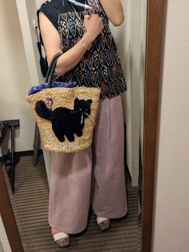「アイテム（かごバッグ）」を使った、しーばいあろえさん（レディース・157cm）の夏コーディネート