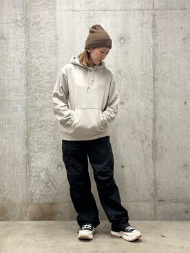 「AVIREX（アヴィレックス）のLOGO WATCH CAP / ロゴ ワッチ キャップ / ビーニー / AVIREX / アヴィレックス（ニットキャップ/ビーニー、ブラウン系）」を使った、Mizukiさん（レディース・158cm）の秋コーディネート