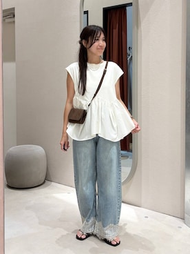 「LOWRYS FARM（ローリーズファーム）のドッキングペプラムノースリーブ　1032148（Tシャツ/カットソー、ホワイト系）」を使った、kazuponさん（レディース・153cm）の夏コーディネート