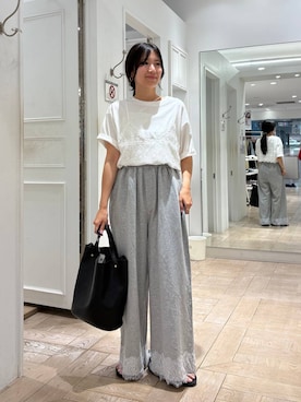 「LOWRYS FARM（ローリーズファーム）のレースドッキングＴＥＥ　1043045（Tシャツ/カットソー、ホワイト系）」を使った、kazuponさん（レディース・153cm）の夏コーディネート