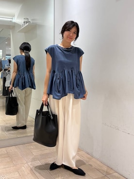「LOWRYS FARM（ローリーズファーム）のドッキングペプラムノースリーブ　1032148（Tシャツ/カットソー、ブルー系）」を使った、kazuponさん（レディース・153cm）の夏コーディネート