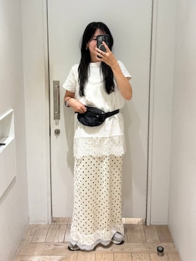 「LOWRYS FARM（ローリーズファーム）のフライスチビＴＥＥ 637055（Tシャツ/カットソー、ホワイト系）」を使った、kazuponさん（レディース・153cm）の夏コーディネート