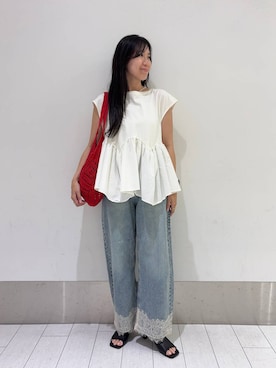 「LOWRYS FARM（ローリーズファーム）のドッキングペプラムノースリーブ　1032148（Tシャツ/カットソー、ホワイト系）」を使った、kazuponさん（レディース・153cm）の夏コーディネート