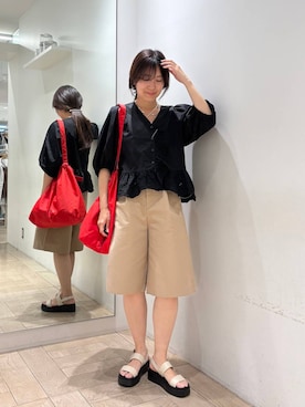 「LOWRYS FARM（ローリーズファーム）のチノタックハーフパンツ 637560（その他パンツ、ベージュ系）」を使った、kazuponさん（レディース・153cm）の春コーディネート