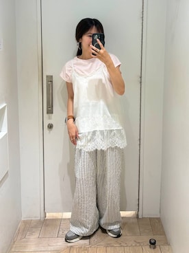 「LOWRYS FARM（ローリーズファーム）の【接触冷感】ベーシックノースリーブ　1043004（Tシャツ/カットソー、ピンク系）」を使った、kazuponさん（レディース・153cm）の夏コーディネート