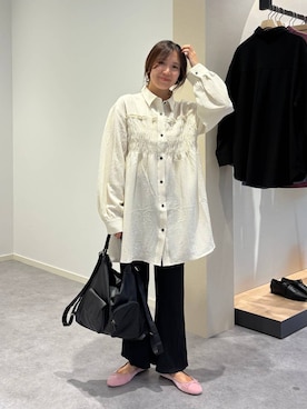 「LOWRYS FARM（ローリーズファーム）のシャーリングミニワンピース　1048989（ワンピース、ホワイト系）」を使った、kazuponさん（レディース・153cm）の秋コーディネート