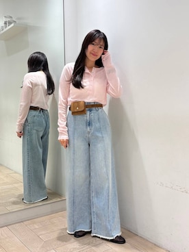 「LOWRYS FARM（ローリーズファーム）のハイウエストバギーデニム 637569（デニムパンツ、ブルー系）」を使った、kazuponさん（レディース・153cm）の春コーディネート