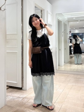 「LOWRYS FARM（ローリーズファーム）のワイドストレートデニムパンツ　607883（デニムパンツ、ブルー系）」を使った、kazuponさん（レディース・153cm）の夏コーディネート