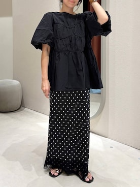 「LOWRYS FARM（ローリーズファーム）のアシメティアードチュニックＳＳ　1049042（シャツ/ブラウス、ブラック系）」を使った、kazuponさん（レディース・153cm）の夏コーディネート