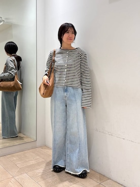 「LOWRYS FARM（ローリーズファーム）のハイウエストバギーデニム 637569（デニムパンツ、ブルー系）」を使った、kazuponさん（レディース・153cm）の春コーディネート