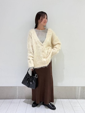 「LOWRYS FARM（ローリーズファーム）のシャギーロングＶカーディガン　595935（カーディガン/ボレロ）」を使った、kazuponさん（レディース・153cm）の秋コーディネート