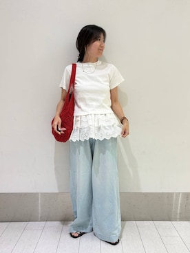 「LOWRYS FARM（ローリーズファーム）のフライスチビＴＥＥ 637055（Tシャツ/カットソー、ホワイト系）」を使った、kazuponさん（レディース・153cm）の夏コーディネート