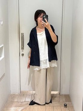 「LOWRYS FARM（ローリーズファーム）のギャザーワイドイージーパンツ　288508（その他パンツ、ベージュ系）」を使った、kazuponさん（レディース・153cm）の春コーディネート