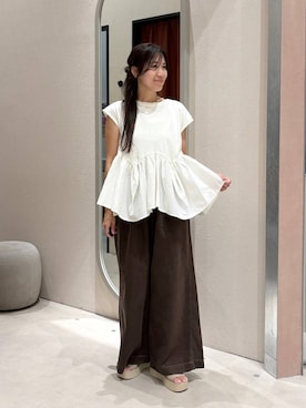 「LOWRYS FARM（ローリーズファーム）のドッキングペプラムノースリーブ　1032148（Tシャツ/カットソー、ホワイト系）」を使った、kazuponさん（レディース・153cm）の夏コーディネート