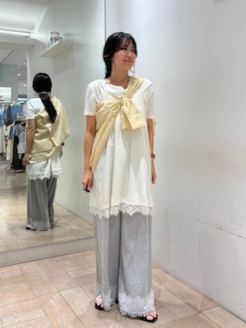 「LOWRYS FARM（ローリーズファーム）のシアーシャツＬＳ  605853（シャツ/ブラウス、イエロー系）」を使った、kazuponさん（レディース・153cm）の夏コーディネート