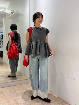 「LOWRYS FARM（ローリーズファーム）のドッキングペプラムノースリーブ　1032148（Tシャツ/カットソー、グレー系）」を使った、kazuponさん（レディース・153cm）の夏コーディネート