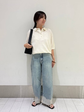「LOWRYS FARM（ローリーズファーム）のレースデニム　601055（デニムパンツ、ブルー系）」を使った、kazuponさん（レディース・153cm）の夏コーディネート