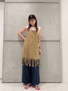 「KBF（ケイビーエフ）のワッフルヘンリーネックタンクトップ（タンクトップ、ベージュ系）」を使った、yamakanaさん（レディース・163cm）の夏コーディネート