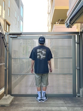 「Tony Alva（トニーアルバ）の【ALVA】別注ＳＫＡＴＥＭＥＳＨＣＡＰ（キャップ、ブラック系）」を使った、KOHさん（メンズ・174cm）の夏コーディネート