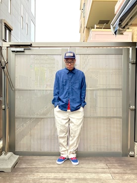 「RED KAP（レッドキャップ）のアイテム（シャツ/ブラウス、ブルー系）」を使った、KOHさん（メンズ・174cm）の春コーディネート