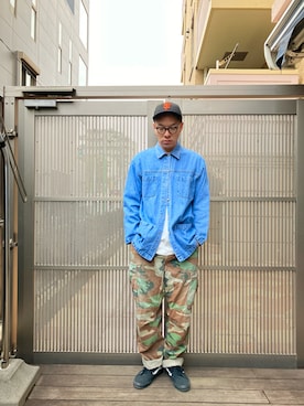 「CABIN CREEKのアイテム（カバーオール、ブルー系）」を使った、KOHさん（メンズ・174cm）の春コーディネート