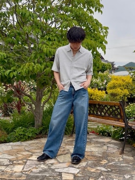 「WYM LIDNM（ウィム バイ リドム）のT/C BASIC HALF SLEEVE KNIT SHIRT（シャツ/ブラウス、グレー系）」を使った、Keishiさん（メンズ・173cm）の秋コーディネート